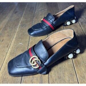 Gucci Black Leather Peyton GG Sylvie Pearl Studded Loafer Size 37